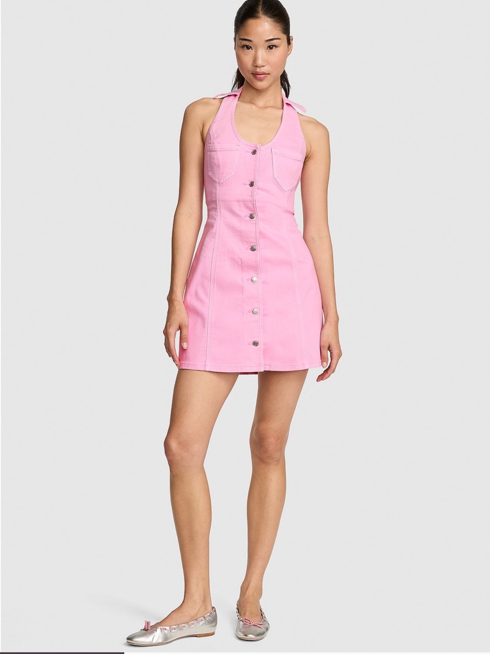 PINK VICTORIAโS SECRET Pink Halter Button-Front Mini Dress